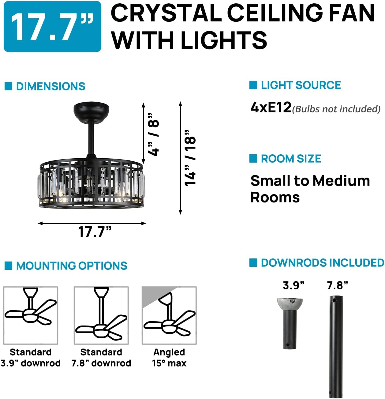 YYEHON Crystal Ceiling Fan with Lights and Remote, Bladeless Fandelier