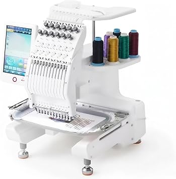 Single-Head Computerized Commercial Embroidery Machine, 12-Needle, 1000 RPM, 8 x 12 in Embroidery Area, LCD Touch Screen, Automatic Thread Trimming, for Hats and Clothing