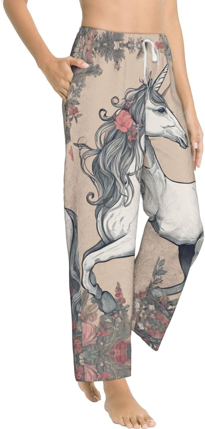 Fairy Tale Unicorn Print Fashion Cozy Womens Flannel Pajama Pants,Perfect For Christmas And Everyday Wear