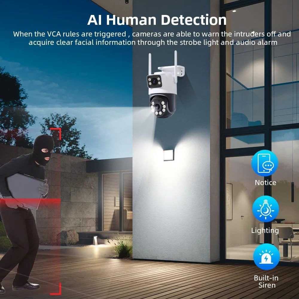 AUHIFVAX 8MP Outdoor WiFi PTZ Camera demonstrating AI Human Detection with strobe light and audio alarm
