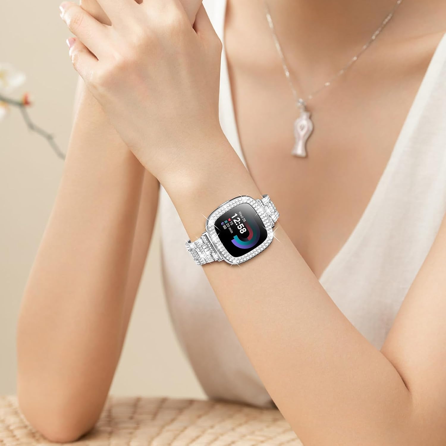 Dsytom Bling Stylish Watch Band Compatible With Fitbit Versa 4, Sense 2, Versa 3, Sense - Cute Strap With Rhinestone Protective Case Cover for Women - Image 6