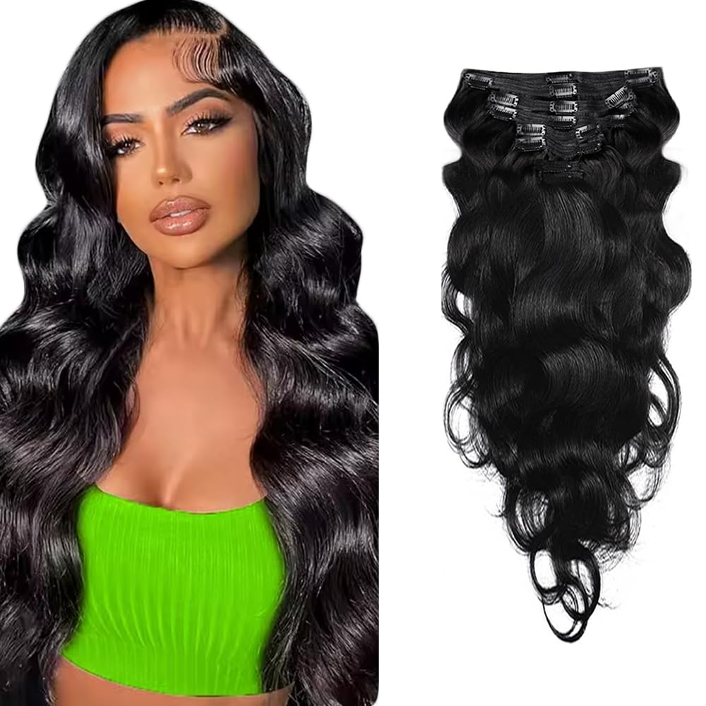 Photo 1 of #1B Natural Black Clip in Human Hair Extensions 30 Inch Color #1B Long Wave Clip in Seamless Extensions Human Hair Skin Weft Seamless Invisible Unprocessed Brazilian Virgin Remy Hair 120g
