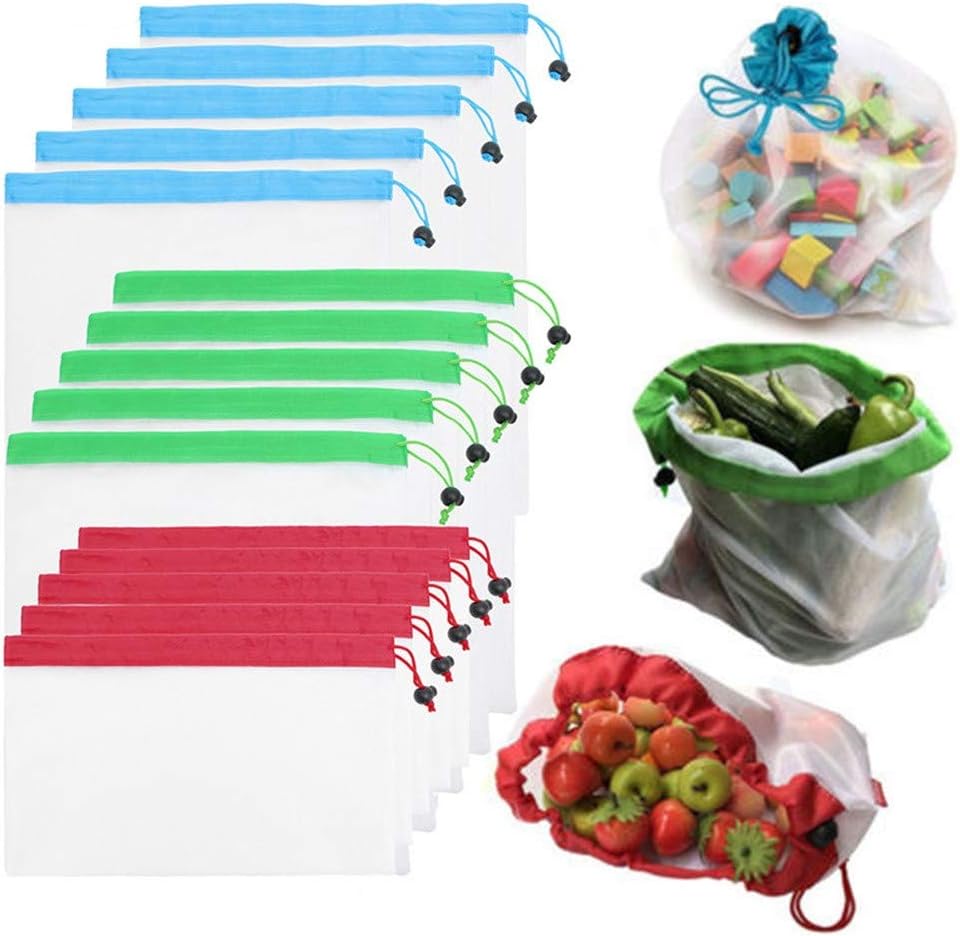 ZYBC Mesh Reusable Produce Bags Sliding Drawstring Cord Lock Closure Safe Storage Bags for Fruit, Veggies, Fridge Organizing, Toys