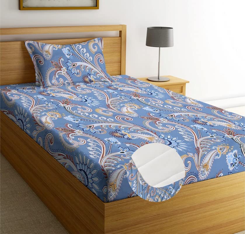 Cotton Feel Glace Cotton All Round (Elastic Fitted) Single Bed Bedsheet with 1 Pillow Cover- 4 Feet x 6 Feet - 48 Inches x 72 Inches x 6 Inches (Blue)-image-29