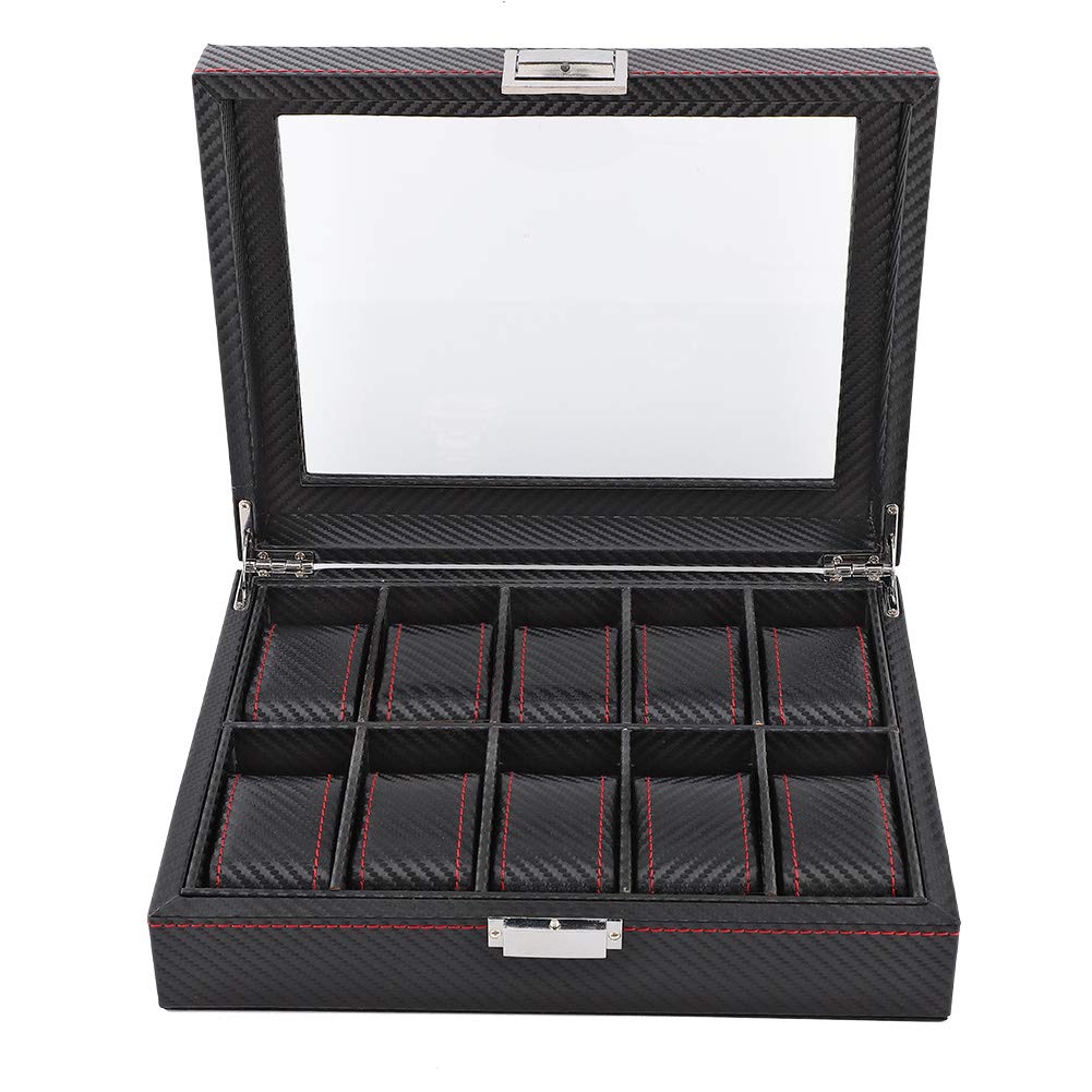 Organizador de Almacenamiento de Exhibición de Caja de Reloj con 10 Ranuras de Fibra de Carbono para Tocador Negro 11 * 8,7 * 3,4 Pulgadas
