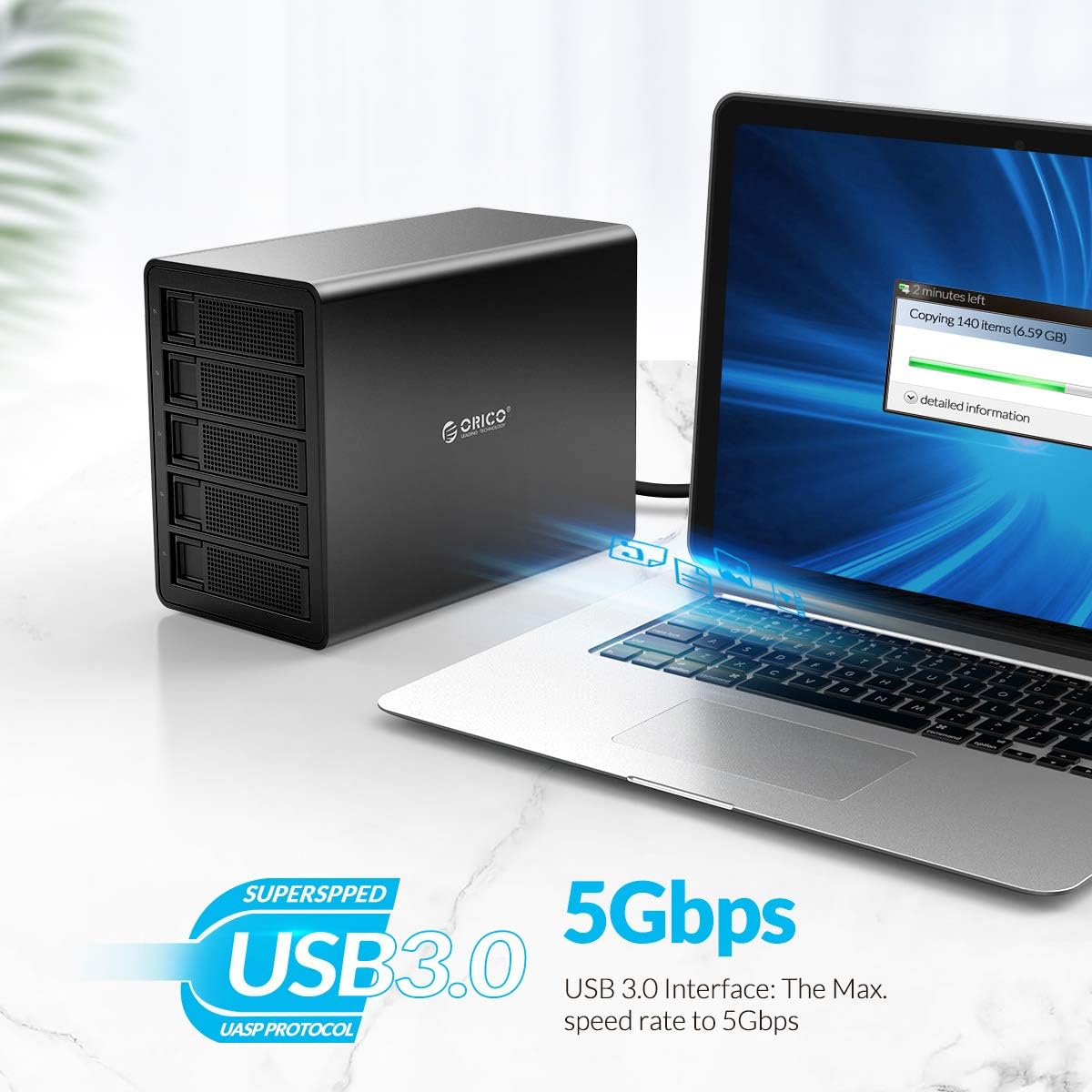 ORICO 5-Bay Docking Station connected to a laptop via USB 3.0, illustrating 5Gbps data transfer speed.