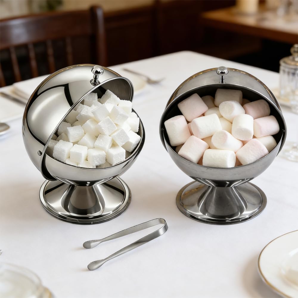 2 Pcs Stainless Steel Sugar Bowl with Roll Top Lid & 4.3 Inch Sugar Tong - Spherical Candy Jar, Cookies/Mints Holder for Home Kitchen, Office & Parties