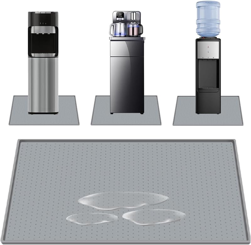 Water Dispenser Mat for Floor with Lip, 24'' x 16'', Grey | Silicone water cooler mat floor tray for bedrooms, kitchens, offices, bars, non-slip, leak-proof, easy to clean