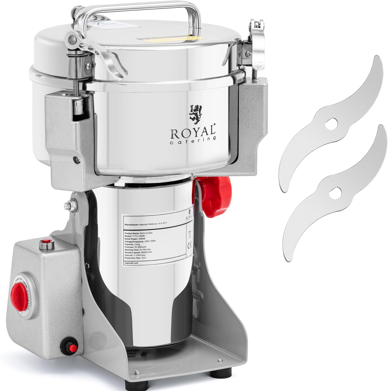 Royal Catering RCMZ-1000N elektryczny młynek do przypraw, 1000 g, 20 x 9 cm, 3000 W, rozdrabniacz elektryczny do ziół