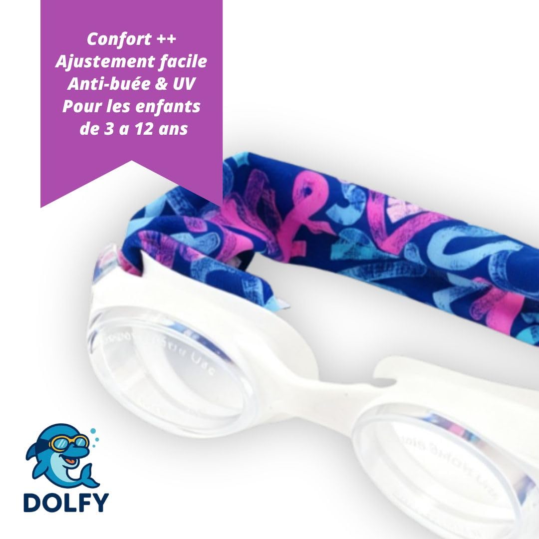 DOLFY Lunettes Piscine Enfant Fille Purple Star Violet 3-12 Ans – Lunettes Natation Enfant Étanches Anti-Buée avec Bandeau Stretch Doux qui ne Tire Pas les Cheveux – Protection UV – Piscine, Plage