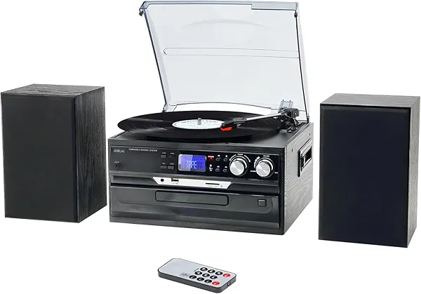 JORLAI 10-in-1 Vinyl Record Player 3 Speeds Turntable with 2 Separate Stereo Speakers, Bluetooth Gramophone with AM/FM Radio CD/Cassette USB/SD Player AUX-in/RCA outputs, Black