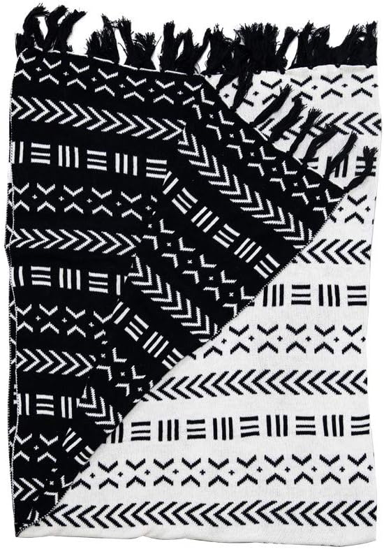 Snugtown 100% Cotton Cable Knitted Double Layer Warm Cozy Throw Blanket for Couch Chairs Bed Beach, Dual-Sided Home Decorative Blanket Throw with Fringed Trim, Black and White, 45 x 60 Inches