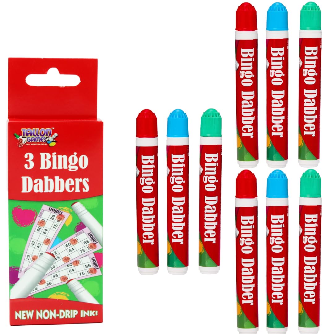 DAA Distribution Bingo Dabbers  Pack of 9 Red, Blue & Green Ink Daubers (3 Packs of 3) | Vibrant Bingo Marker Pens for Games, Crafts & Art | Non-Toxic, Fast-Drying, Bold Colors for Adults & Kids