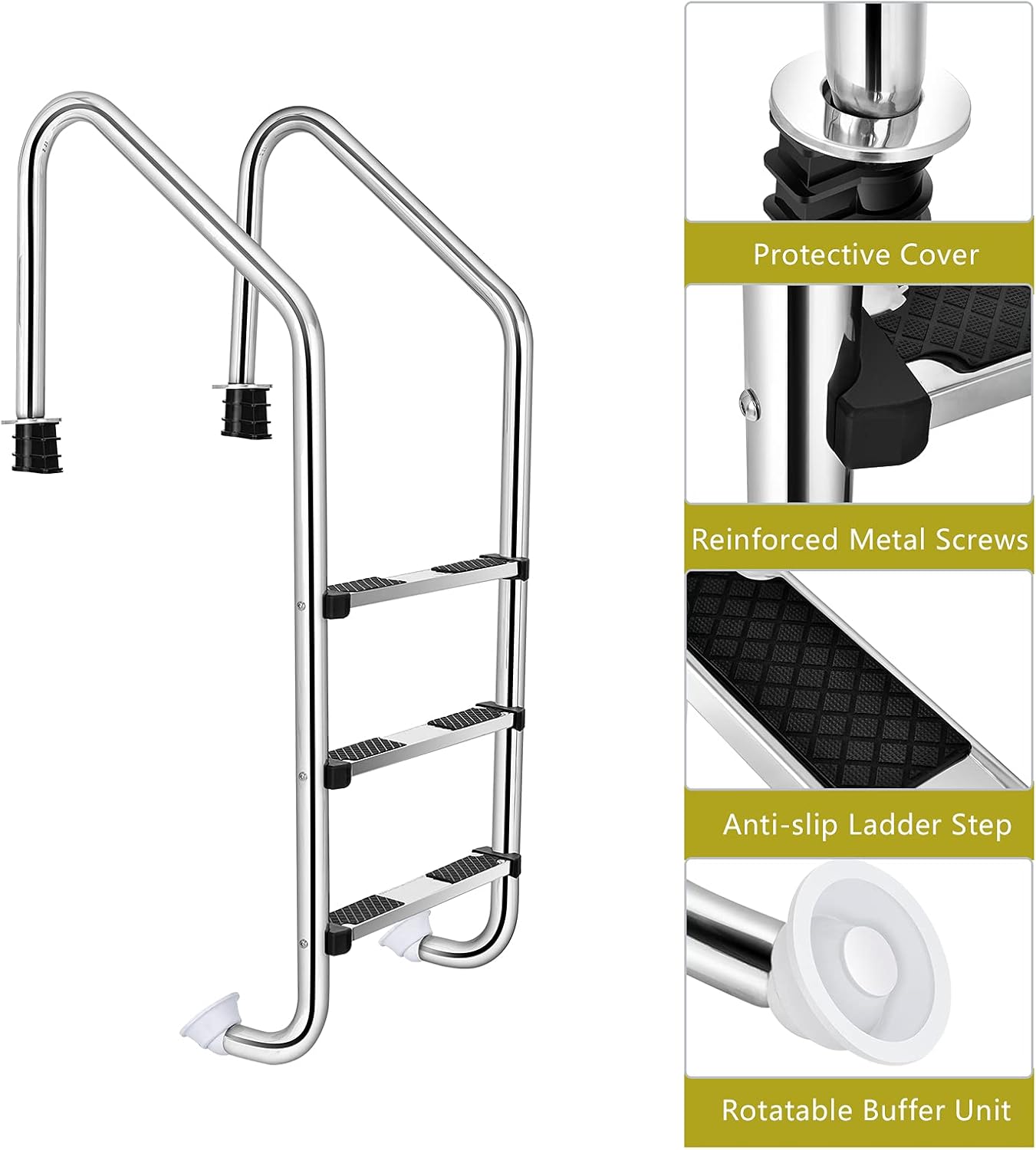 IRONMAX Swimming Pool Ladder, 3-Step Heavy Duty Stainless Steel Pool Stair w/Non-Slip Steps, Easy to Install, Pool Ladder for Inground Pools, Gym & Water Park, 265 LBS Weight Capacity