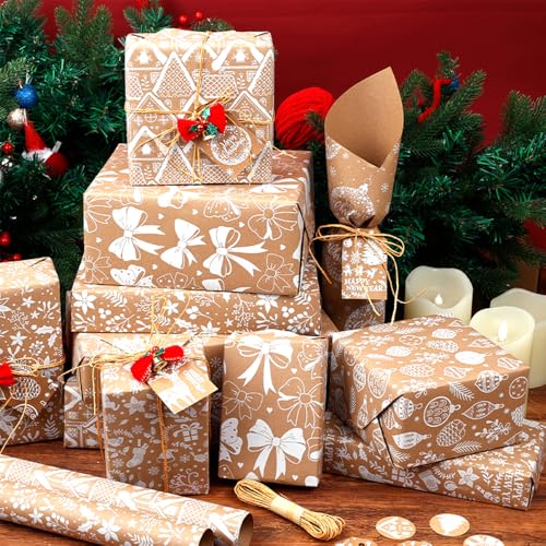 5 piezas de rollos de papel de regalo navideño, set de papel de regalo navideño, papel de regalo navideño americano, papel para envolver regalos con reno nostálgico, papel kraft natural sostenible