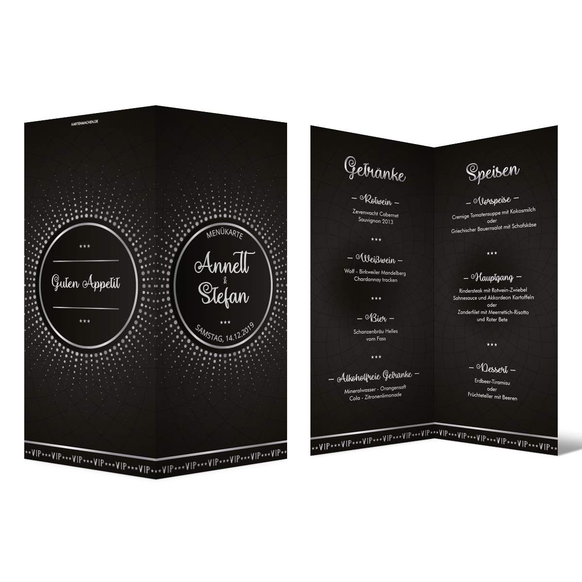 30 x Hochzeit Menükarten individuell Text DIN Lang Klappkarte - Schwarz/Silber VIP