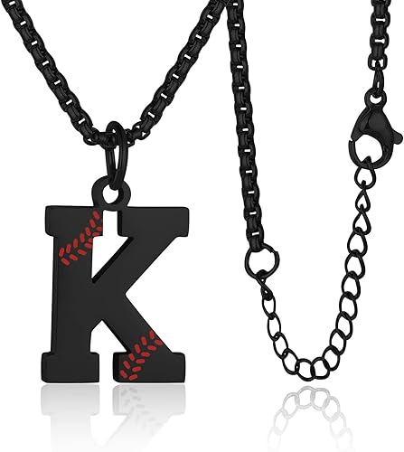 Susook Collar con inicial de béisbol para niños, dije de letra A-Z, cadena de acero inoxidable de 22 + 2 pulgadas, regalo de béisbol personalizado