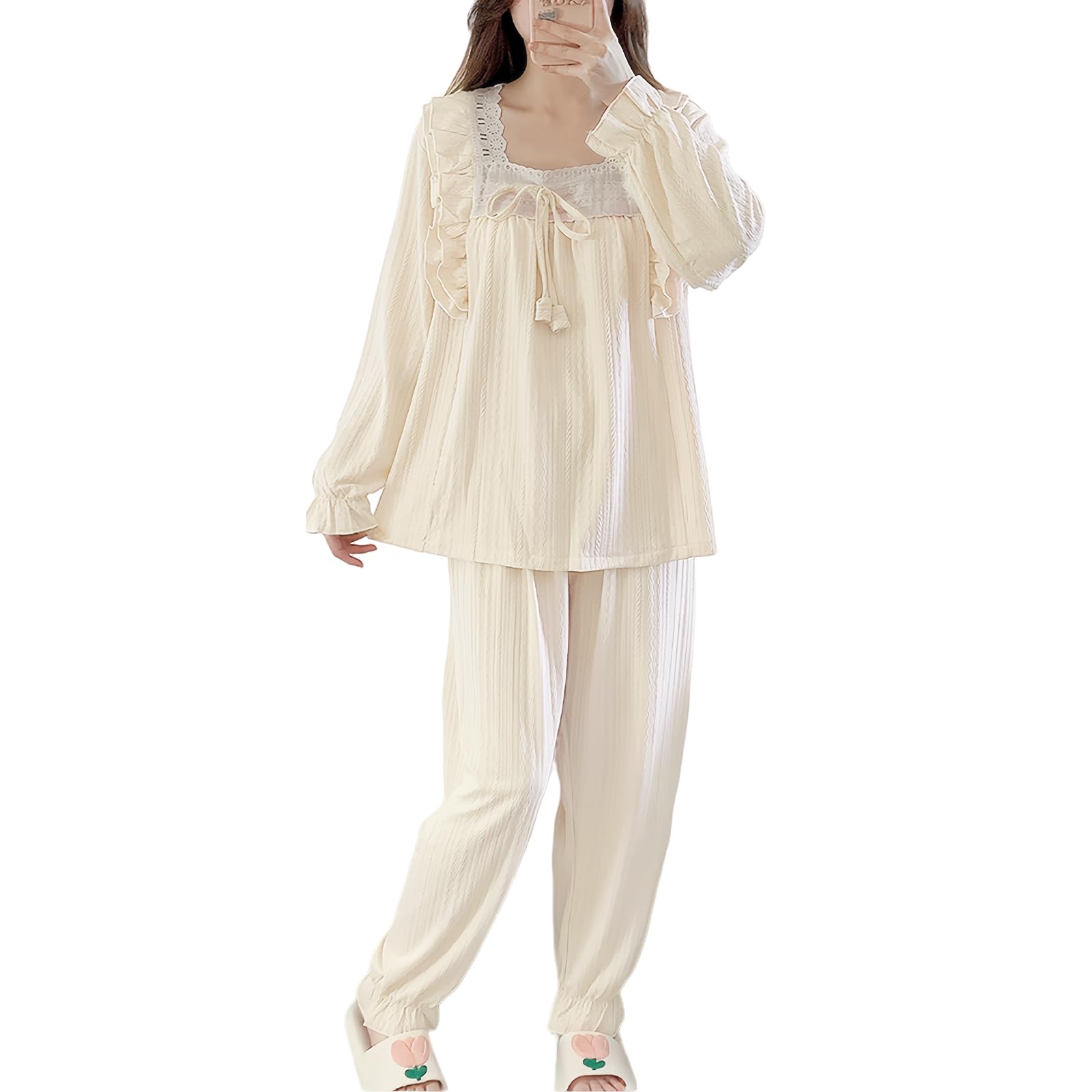 Women's Pajamas, Top and Bottom Set, Square Neck, Ribbon, Loungewear, Lace, Warm, Long Pants, Elastic Waist, Plain, Soft, Breathable, Sweat Absorbent, Sleepwear, Body Cover, Cute, Women's, Casual