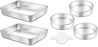 LIANYU 12⅓ x 9¾ x 2 Inch Baking Pan Set of 2, 8 Inch Cake Pan Set of 3, Rectangle Stainless Steel Bakeware & Round Baking Pans with 90 PCS Parchment Paper, Dishwasher Safe