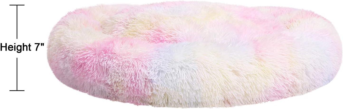 KAMA BRIDAL Marshmallow Cat Bed, Round Donut Beds Sofa for Small Dogs, Warm Plush Calming Pet Bedding, Pluffy, Comfy&Cute Faux Fur Cuddler Indoor (30"x30", Rainbow)