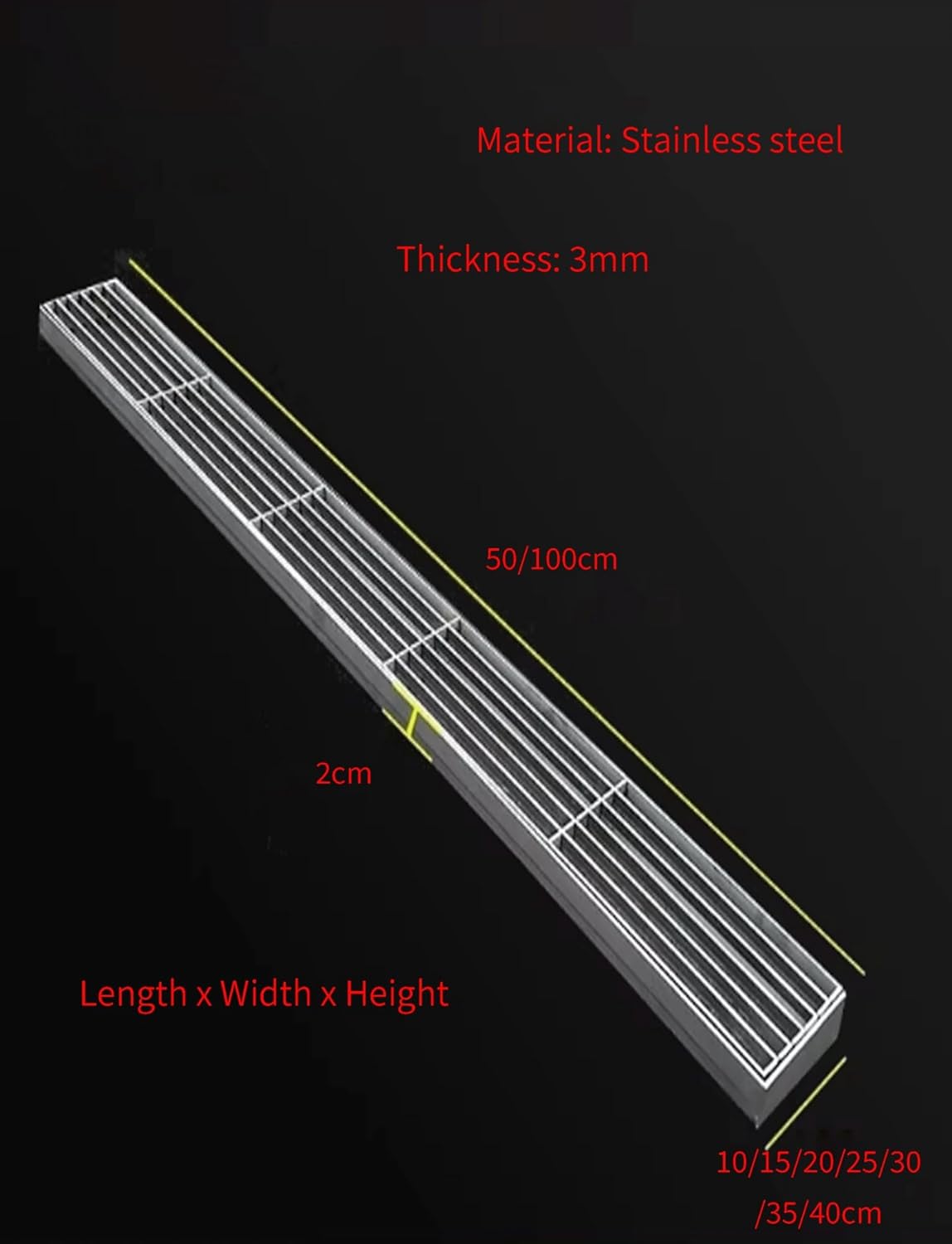 Stainless Steel Floor Drain Grate, 100cm Long Grating Grille with Frame, Driveway Sewer Cover Plate