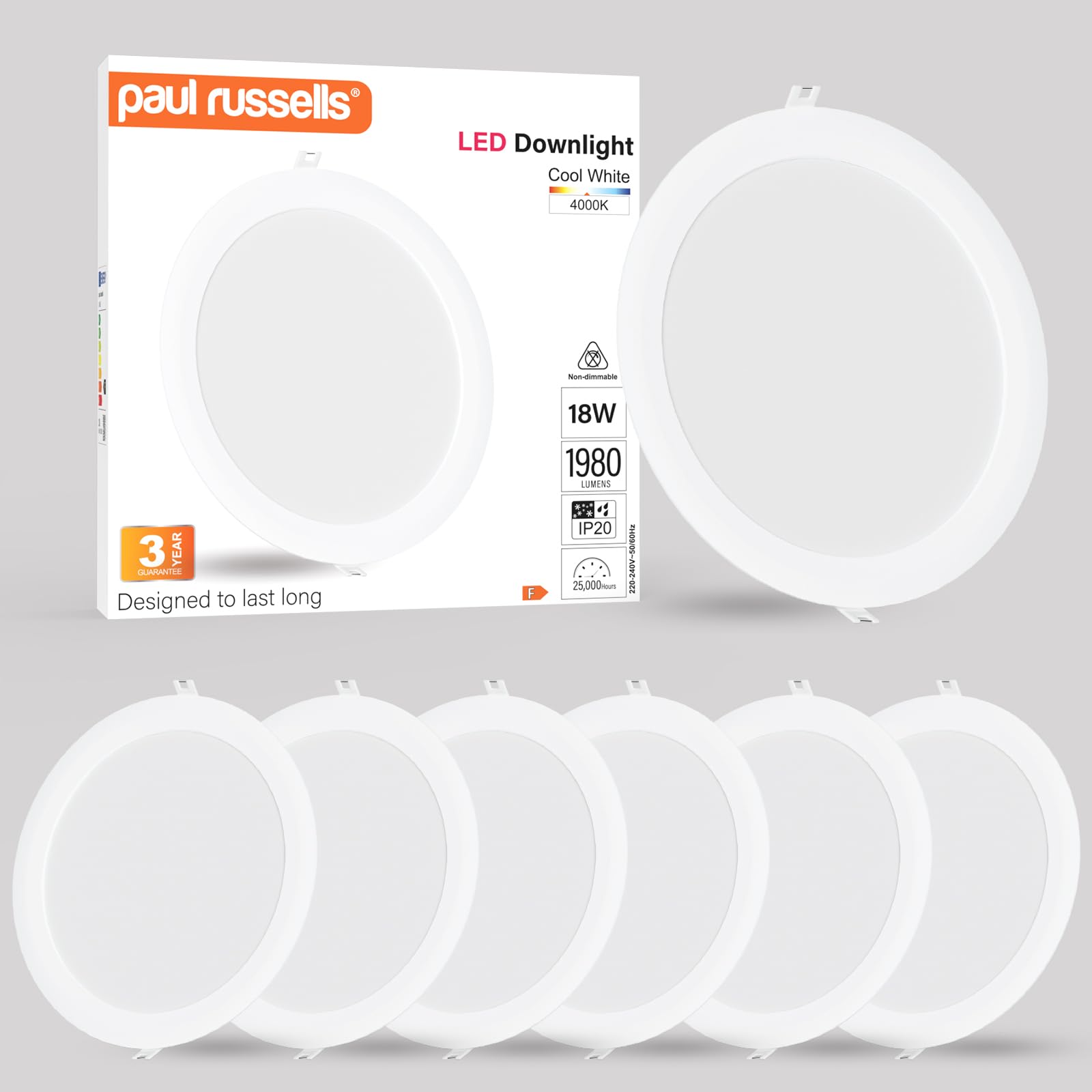 paul russells Ultra Slim LED Recessed Ceiling Spotlights - 18W Cool White (4000K) IP20, Cutout 200-205mm, Round Downlight for Kitchen, Bathroom, Living Room and More Ceiling Mounted use, 6 Packs