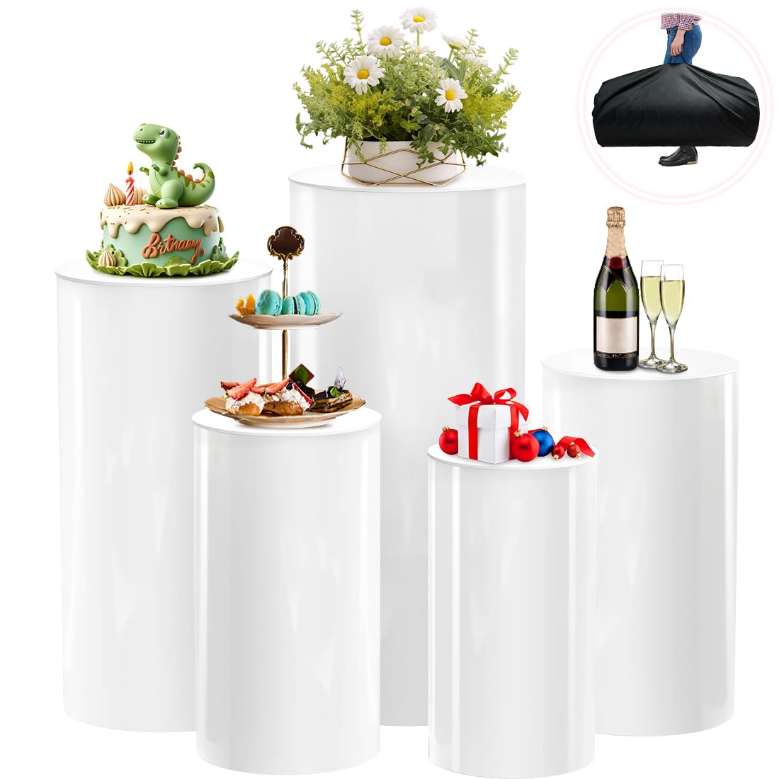 Cylinder Stands for Party - 5pcs White Pedestal Stand(with Storage Bag), Cilindros Para Fiestas Redondos Blancos, Round Pedestal Display Plinth, Cake Stands Table Pillars for Birthday Party Wedding