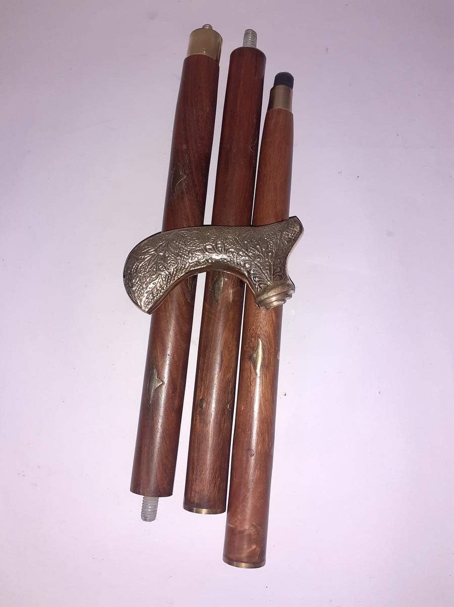 Handmade Victorian Antique Brass Handle Wooden Walking Stick Cane Golden & Brown