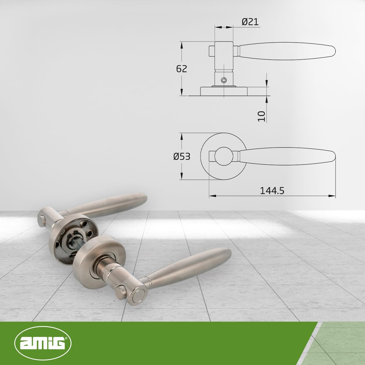 Amig - Juego de Manillas con Roseta de Acero Inoxidable, 18/8, Modelo 22R, Medida: 53 mm de diámetro, Cuadradillo de 8 mm, Con llave Allen, Incluye tornillo pasante antirrobo, Acabado: Mate