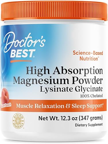 Doctor's Best Polvo de magnesio de alta absorción (sabor a melocotón) TRACCS 100% quelado, sin tamponar, dolores de cabeza, músculos, vegano, sabor