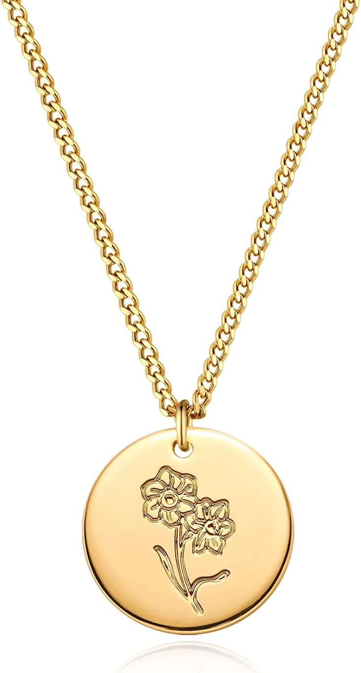 MEVECCO Birth Flower Necklace 18k Gold Custom Floral Pendant Necklaces Dainty Birth Month Flower Disc Hand Stamped Necklace Personalized Jewelry Birthday Gift