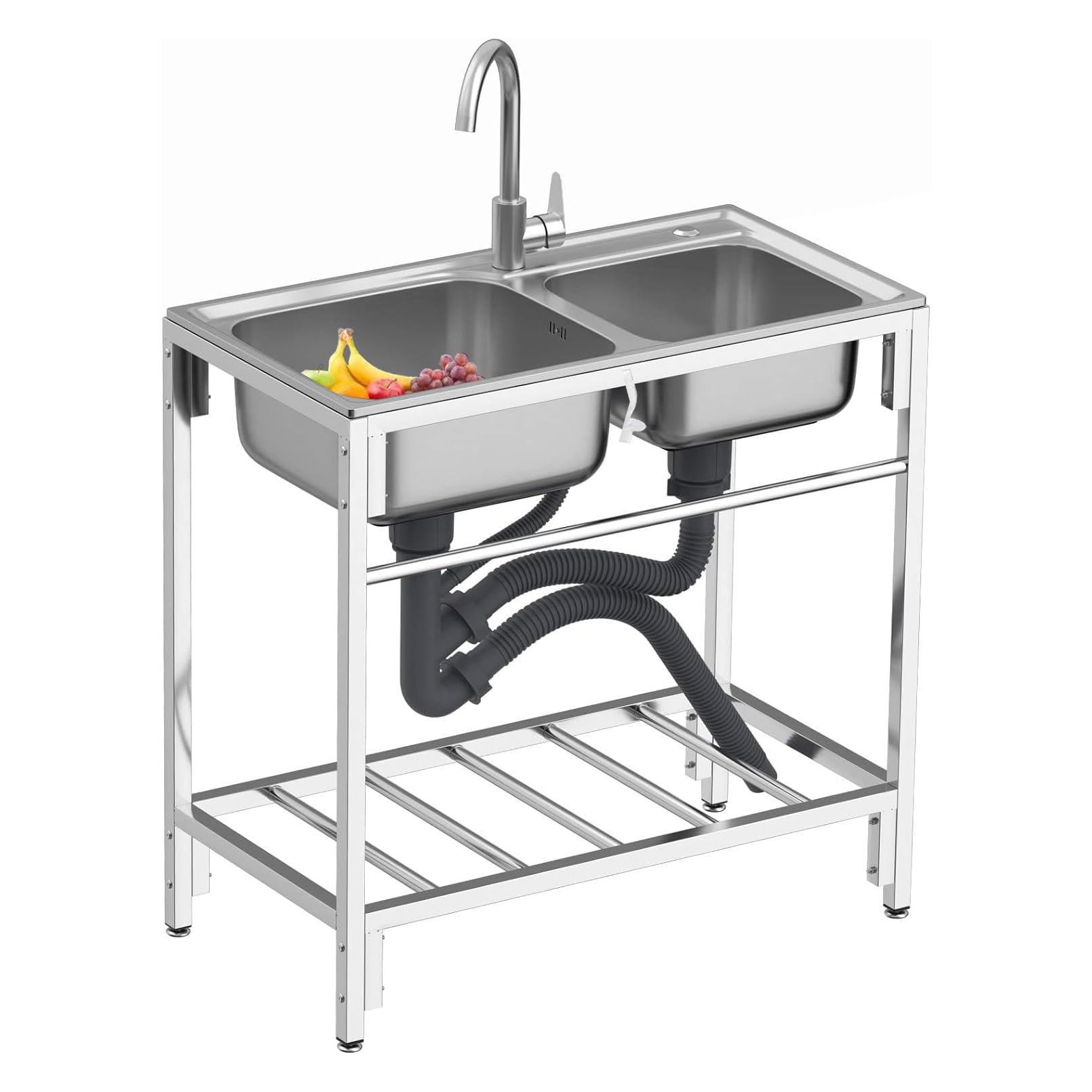 LMYSXAOZ Stainless Steel Sink Double Bowl Sink, Kitchen w/Faucet & Drainboard Storage Shelves, Freestanding Utility with Stand, Multifunctional Commercial Easy to Clean