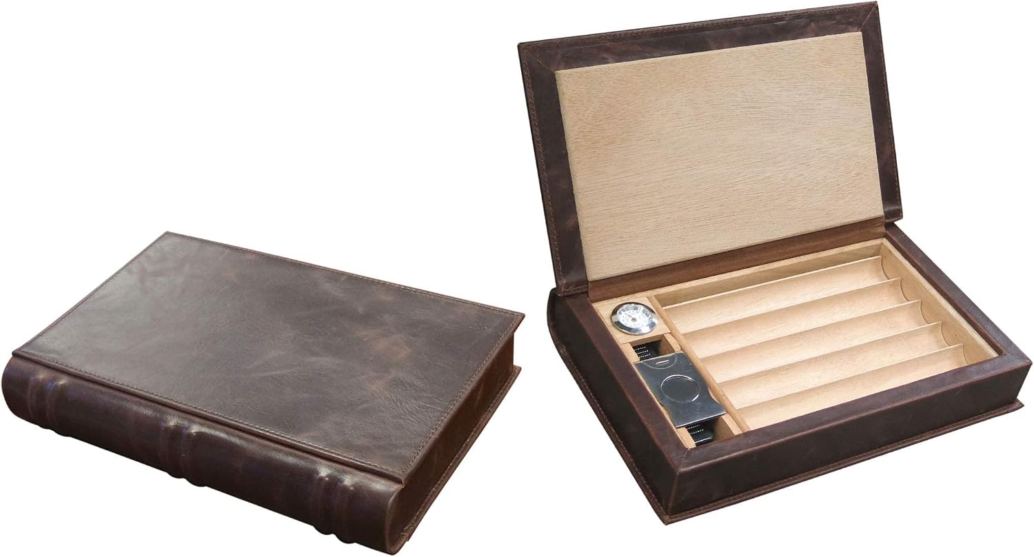 Prestige Import Group - The Novelist Leather Book Travel Cigar Humidor - Holds 5 to 10 - Color: Brown