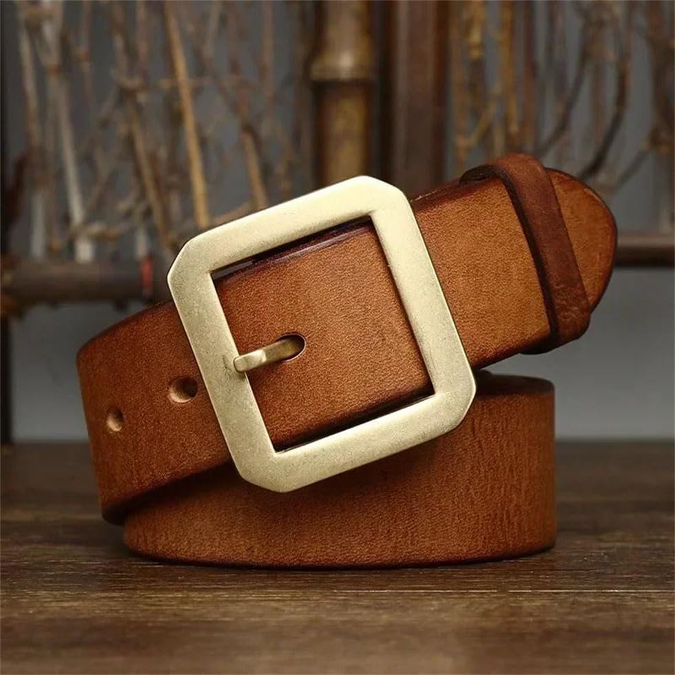 Pohullan Men 3.8cm Thick Copper Buckle Leather Casual Jeans Belt Retro Handmade Leather Belt2