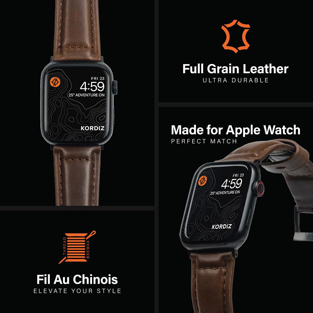 KORDIZ Traditionelles Lederarmband, Kompatibel Mit Apple Watch Ultra 2, Ultra & Series 10-1 Se Se2, Armband Für Herren Und Damen, Ersatzarmband Für Iwatch, Apple Watch 49 Mm, 46 Mm, 45 Mm, 44 Mm