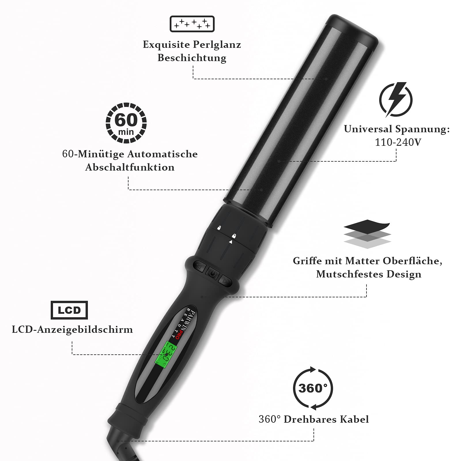 7 in 1 Lockenstab mit Verschiedenen Aufsätzen Set, PARWIN PRO BEAUTY | Professionelle Haarstyling-Geräte, Lockenstab für Große und Kleine Locken, 100-230℃ Einstellbare Temperatur, 7 Stäben