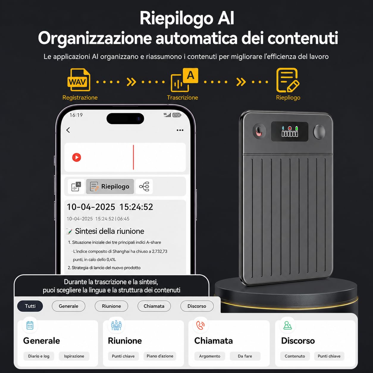 Volovivo Registratore vocale smart AI con schermo, 64 GB, 256 lingue | Registratore AI con trascrizione live, sintesi, traduzione e memoria da 64 GB