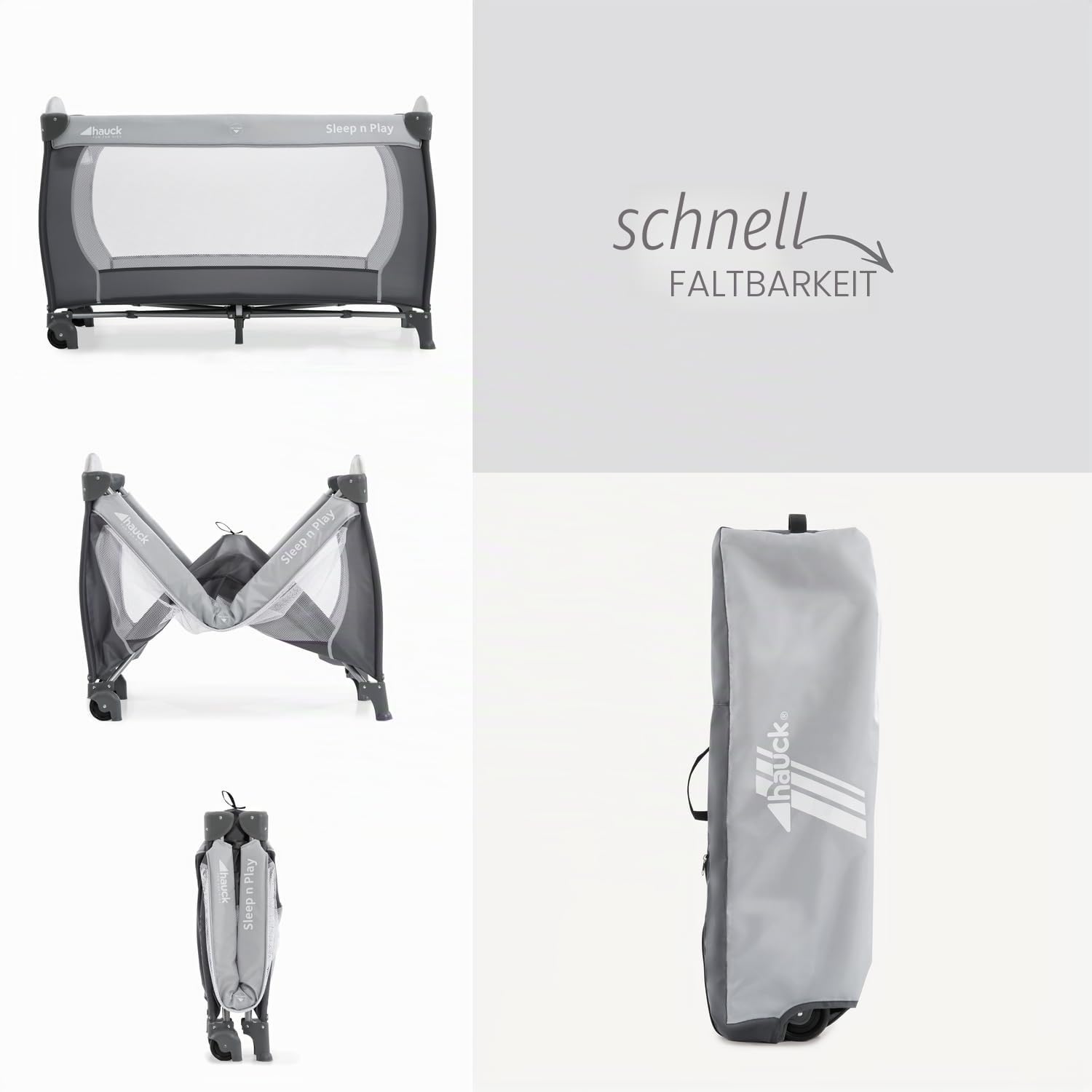 hauck Kinderreisebett Sleep N Play Go Plus mit Transporttasche, Rädern, Schlupf zum Spielen, Klein Zusammenklappbar, Baby Reisebett Kleinkind ab Geburt bis 15 kg (Stone)