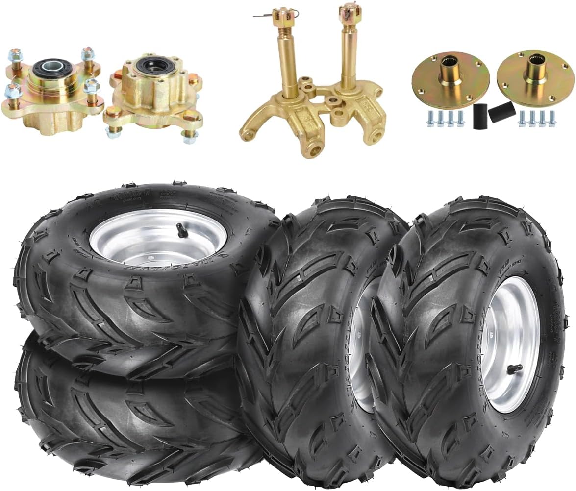 16x8-7 ATV Tires with Rims Go Kart Tire and Wheel & 4 Sutd Front Wheel Hubs & Front Steering Knuckle Spindles & Rear Axle Wheel Hub for UTV Quad Go Golf Cart Buggy Dune Moped Four Wheeler Drift Trike