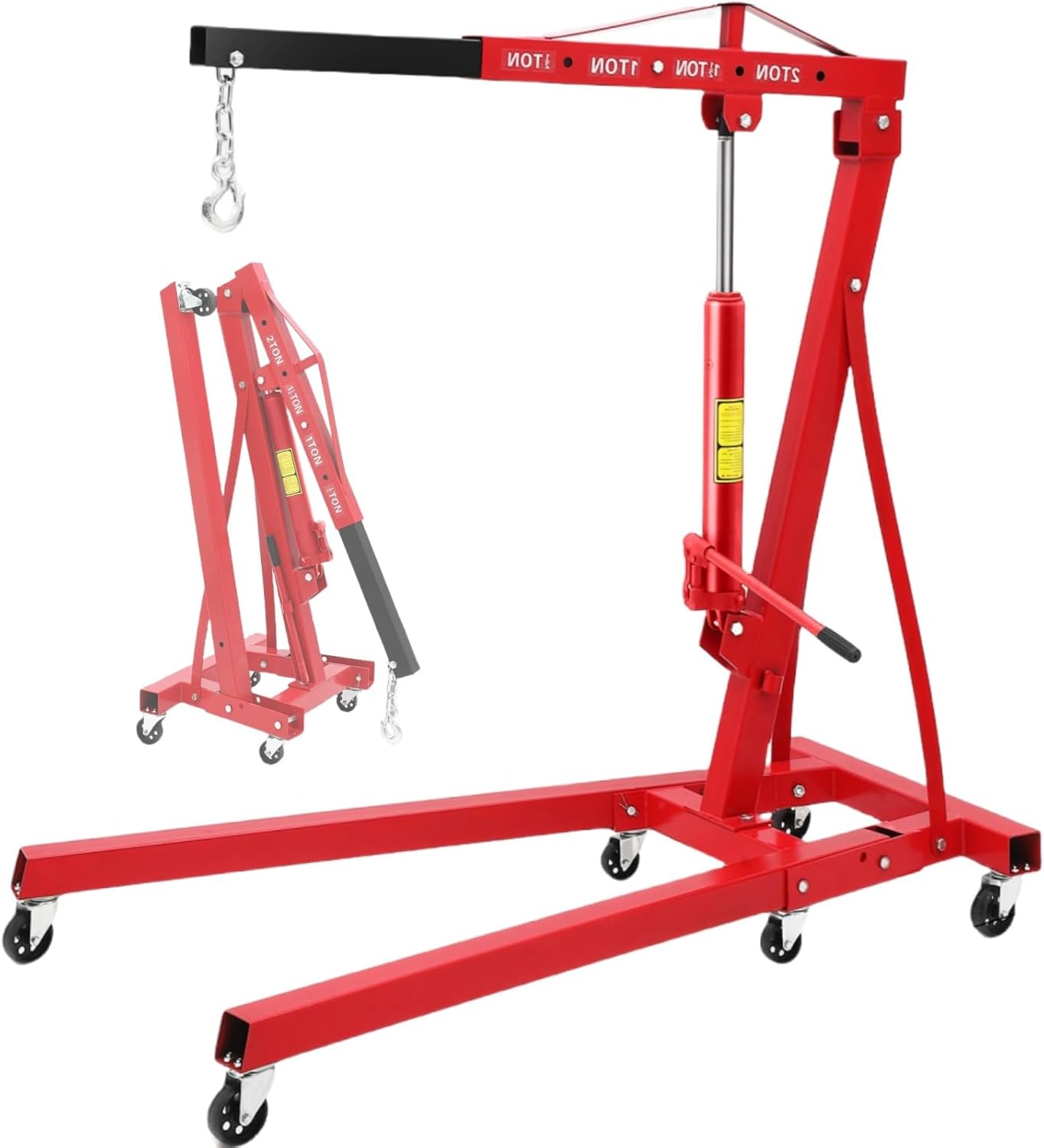 GarveeLife 2-Ton Folding Hydraulic Engine Hoist with Leveler, Shop Crane with Telescopic Boom & 6 Casters, 4400 Lbs Foldable Cherry Picker Lift for Home Garage, Workshop, Warehouse, Heavy-Duty, Red