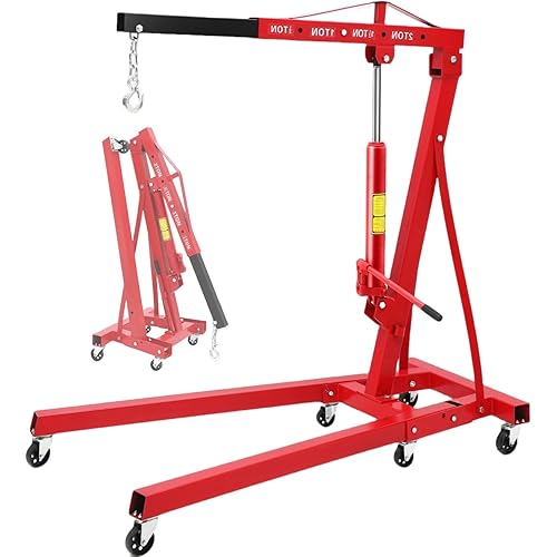 2 T Folding Hydraulic Engine Hoist, 4400 LBS Cherry Picker Shop Crane with Telescopic Boom & 6 Casters, Engine Hoist Lift for Garage Workshop Warehouse, Heavy Duty, Red
