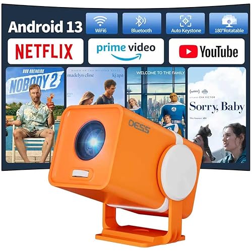 Dess Mini Projector,Portable projector with wifi and bluetooth,Outdoor projector Can Be Powered By Power Bank,Small Movie Projector,180° Rotatable,Andriod 13,Built-in App,Auto Keystone,T1(Orange)