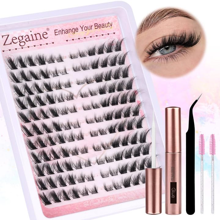 Zegaine Lash Clusters Kit Fluffy Eyelash Extension Cat Eye Lashes Natural Look Left & Right DIY Lash Extension Kit Wispy Fox Eye Eyelash Cluster Kit with Lash Glue, Tweezers, Brushes 132pcs 11 Pairs