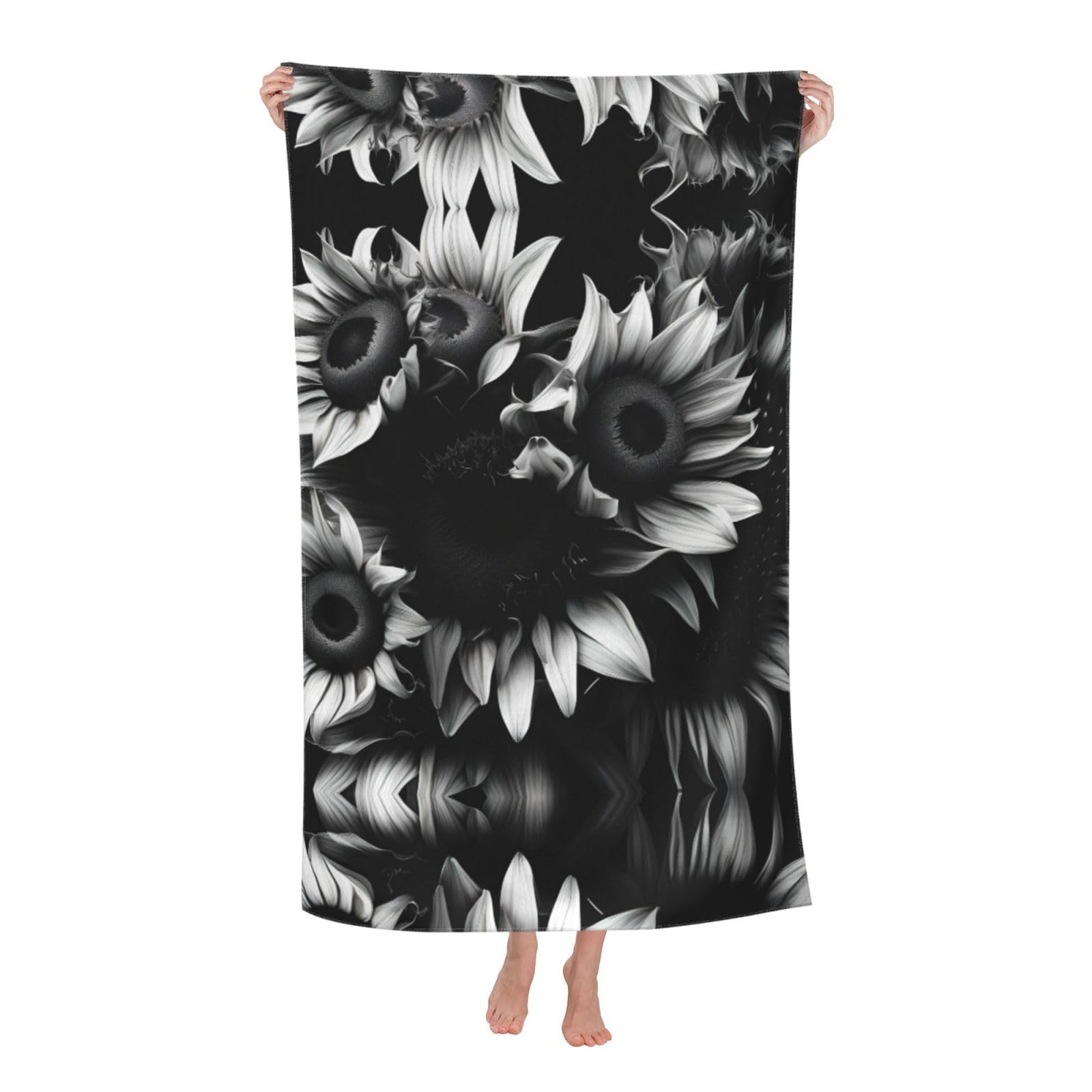 Oazcvbnn Women's White Black And Sunflowers Print Adult Beach Towel Summer Travel Pool Vacation Swimming Fitness Outdoor Adventures