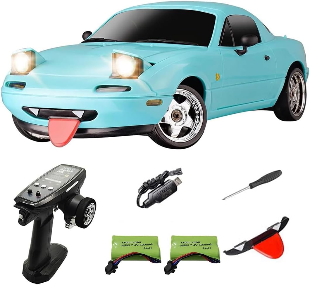 LDRC 1804 Pro RC Drift Car Model with Gyro, 1/18 Scale RWD Full Proportional Control RTR Mini Racing Drift Car for Adult, Alloy Body Shell - 2 Battery