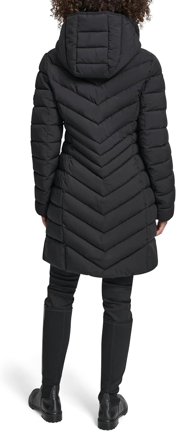 DKNY Women's Long Lightweight Hooded Puffer Jacket – Insulated Casual Outerwear - Image 3