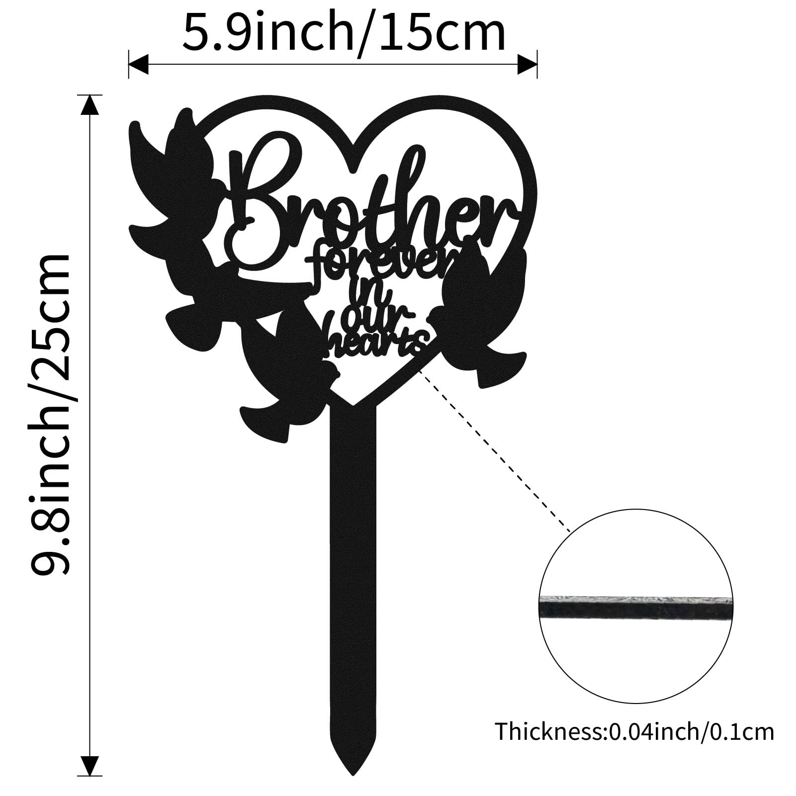 CREATCABIN Memorial Grave Markers for Brother Metal Plaque Stake Black Heart Shaped Bird Remembrance Plaque Memorial Signs Garden Stake Cemetery Decorations for Sympathy Outdoor Yard 9.8 x 5.9 Inch - Image 2