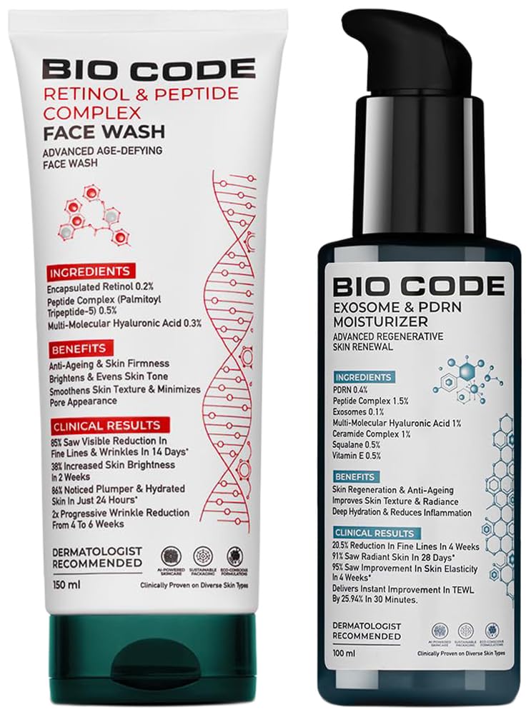 Bio Code Advanced Anti-Aging Skincare Duo | Retinol & Peptide Face Wash (150ml) + Exosome & Peptide Renewal Moisturizer (100ml) | Regenerative, Age-Defying & Hydrating-image-44