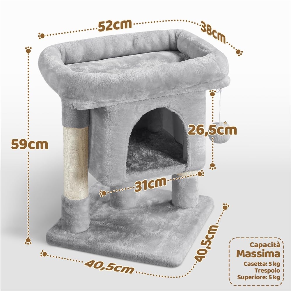 Yaheetech Tiragraffi Albero per Gatti con Posatoio Grande Graffiatoio per Gatti 40,5 x 40,5 x 59 cm Grigio Chiaro