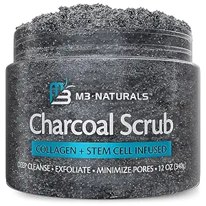 Exfoliating Charcoal Scrub with Collagen & Stem Cells – Salt Scrub for Body Toning, Cellulite, Armpit Detox, and Skin Smoothing for Face, Feet, and Body by M3 Naturals.